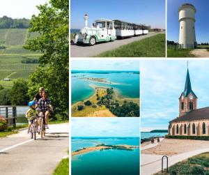 a collage of photos with people riding bikes and a lighthouse at Cocon à la ferme - Lac du Der in Loisy-sur-Marne