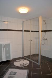 ツェル・アン・デル・モーゼルにあるFerienwohnung Weberのバスルーム(ガラスドア付きのシャワー付)