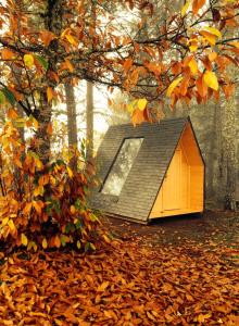 ein kleines Haus im Wald mit Blättern auf dem Boden in der Unterkunft Micro Cabana Rotativa in Bragança