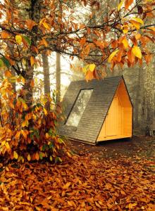 una pequeña casa en el bosque con hojas en el suelo en Micro Cabana Rotativa, en Bragança