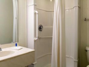 a white bathroom with a shower and a sink at Loyalty Inn in Brice +28 photos