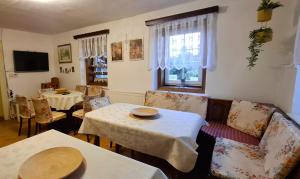 a living room with tables and chairs and a tv at Chalupa Medium in Krásná Lípa