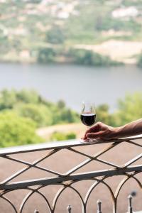 a person holding a glass of wine on a ledge at Douro Palace Hotel Resort & SPA in Baião +66 photos
