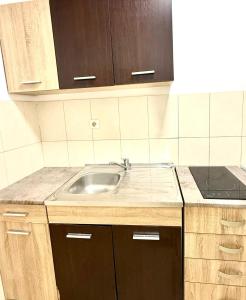 a kitchen with a sink and wooden cabinets at Riviera Budva Residence in Budva +17 photos