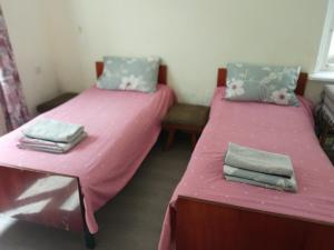two beds in a room with pink sheets at Special Guest House in Zugdidi +2 photos