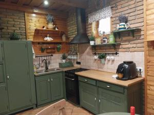 a kitchen with green cabinets and a stove top oven at Mangó Vendégház in Balatonszárszó
