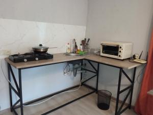a kitchen with a counter with a microwave and a sink at studio with a fireplace in Zugdidi +8 photos