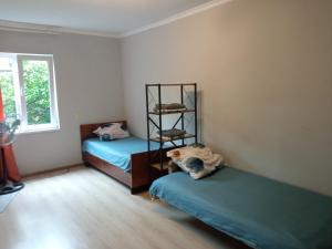 a room with two twin beds and a shelf at studio with a fireplace in Zugdidi