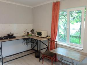 a kitchen with a desk and a window at studio with a fireplace in Zugdidi