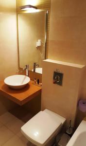 een badkamer met een wastafel, een toilet en een spiegel bij Sea Sight Boutique Hotel in Porto Rafti