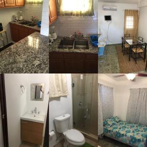 four pictures of a bathroom with a toilet sink and a shower at Calle Hollanda 3 Bedroom Home in San Juan