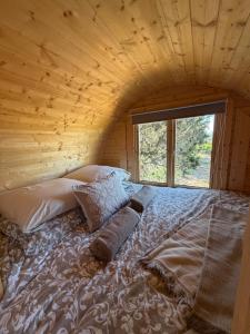 a bed in a wooden room with a window at Le Tonneau in Carcassonne