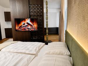 a bedroom with two beds and a tv on a wall at Design-Apartment Siegen Oberstadt in Siegen +4 photos