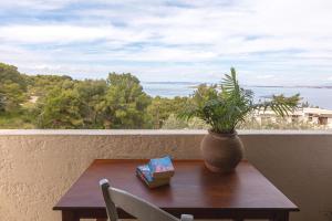 a table with a plant and a vase on a balcony at Alkyoni Forest Rooms in Skala +10 photos