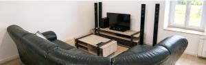 a leather couch in a living room with a television at L'échappée Verte in Saint-Jean-la-Bussière