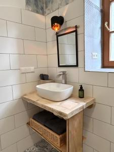 a bathroom with a sink and a mirror at Danube Atelier - The Garden in Rossatz