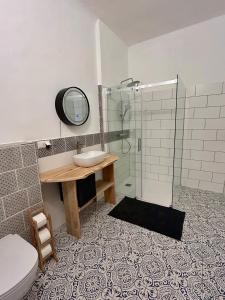 a bathroom with a shower and a sink and a toilet at Danube Atelier - The Studio in Rossatz +16 photos