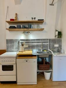 a kitchen with white appliances and a sink at Danube Atelier - The Studio in Rossatz
