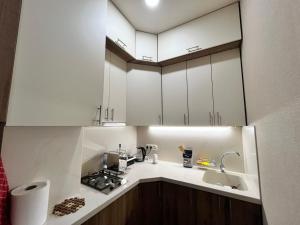 a kitchen with white cabinets and a sink at Dadiani Apartment in Tbilisi City