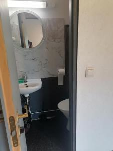 a bathroom with a sink and a mirror and a toilet at puominmutka in Ilomantsi +9 photos