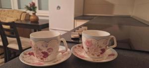 two cups and saucers sitting on a kitchen counter at Parking free in Mostar