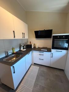 a kitchen with white cabinets and a sink and a microwave at NB14-1 Living in Weingarten (Karlsruhe)