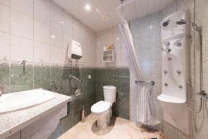 a bathroom with a toilet and a sink and a shower at Chalet des Charbonneux, nature in Le Ménil +19 photos
