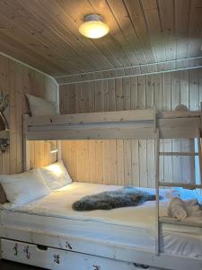 a bedroom with two bunk beds in a cabin at Exclusive Designer Cabin - Panoramic Mountain View in Vossevangen