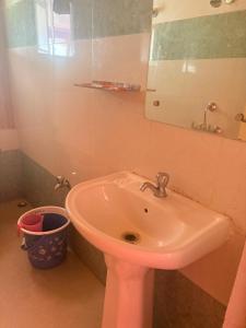 a bathroom with a pink sink and a mirror at Pemazang Homestay in Sombāri