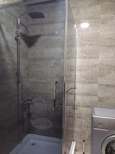 a shower with a glass door next to a toilet at Your warm host in Kutaisi