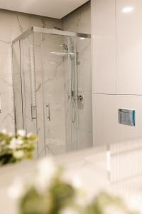 a shower with a glass door in a bathroom at GOLDEN HAUS Opole - Royal Blue & Royal Green in Opole +21 photos