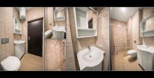 four pictures of a bathroom with a sink and a toilet at Pensiunea EDY in Mangalia