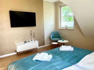 a bedroom with a bed with a tv and a chair at Ferienhaus Sundevit - exklusives Ferienhaus mit Infrarotsauna, Whirlpool-Wanne und Kamin in Putgarten