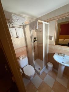 a bathroom with a shower and a toilet and a sink at Hostal Arévacos in Soria