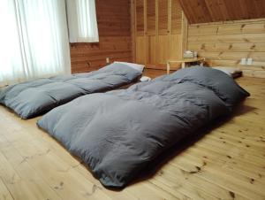 two large pillows sitting on the floor in a room at Siodomi Marinki shared wood lodge, pets allowed for a fee in Ōkuki