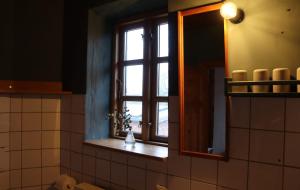 a bathroom mirror with a window in a bathroom at Charmante Ferienwohnung in einzigartiger Anlage - Büdnerei Lehsten in Möllenhagen
