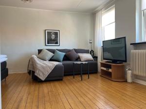 a living room with a couch and a flat screen tv at One room apartment the Square in Ystad +5 photos