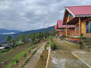 a house on top of a hill with mountains in the background at Taray Heem Homestay in Ravangla