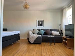 a living room with a couch and a flat screen tv at One room apartment the Square in Ystad