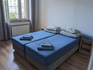 a bedroom with a bed with blue sheets and a window at Na Batorym in Chorzów