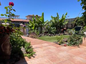 a garden with a brick walkway in a yard at casa Maracujá in Majanicho