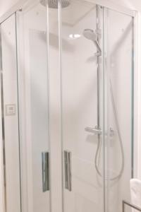 a shower with a glass door in a bathroom at GOLDEN HAUS Opole - Black Velvet & Dark Elegance in Opole