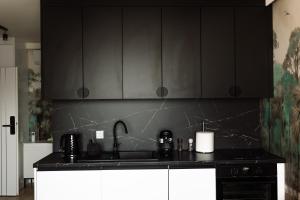 a kitchen with black cabinets and a sink at GOLDEN HAUS Opole - Black Velvet & Dark Elegance in Opole