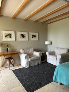 a living room with two chairs and a table at Les Foucauds in Saint-Quentin-de-Caplong +60 photos