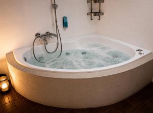 a jacuzzi tub with a shower in a bathroom at INSEN Apartamenty Manufaktura Sauna i Masaże Apartament Superior in Łódź