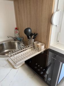 a dish drying rack on a microwave oven at Lux Studio Apartments in Žabljak +64 photos