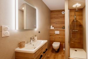 a bathroom with a sink and a toilet and a mirror at La Parenthèse - Appartement central avec terrasse in Pontarlier +17 photos