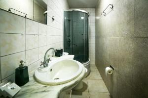 a bathroom with a sink and a glass shower at Gościniec Lizawka in Poznań