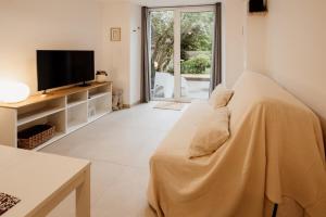 a living room with a couch and a television at La Parenthèse - Appartement central avec terrasse in Pontarlier