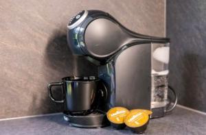 a coffee maker on a counter next to two oranges at Forest Reflection Minivilla in Partsi